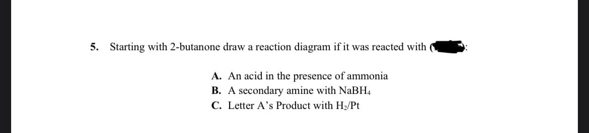 5. Starting with 2-butanone draw a reaction diagram if it was reacted with
A. An acid in the presence of ammonia
B. A secondary amine with NaBH4
C. Letter A's Product with H₂/Pt