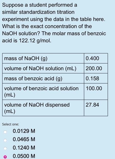 Suppose a student performed a
similar standardization titration
experiment using the data in the table here.
What is the exact concentration of the
NaOH solution? The molar mass of benzoic
acid is 122.12 g/mol.
mass of NaOH (g)
0.400
volume of NaOH solution (mL)
200.00
mass of benzoic acid (g)
0.158
volume of benzoic acid solution
100.00
(mL)
volume of NaOH dispensed
(mL)
27.84
Select one:
0.0129 M
0.0465 M
0.1240 M
0.0500 M
