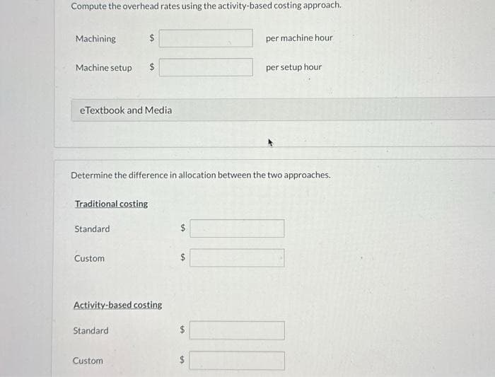 Compute the overhead rates using the activity-based costing approach.
Machining
Machine setup
eTextbook and Media
Standard
$
Traditional costing
Custom
$
Determine the difference in allocation between the two approaches.
Standard
Activity-based costing
Custom
per machine hour
GA
per setup hour