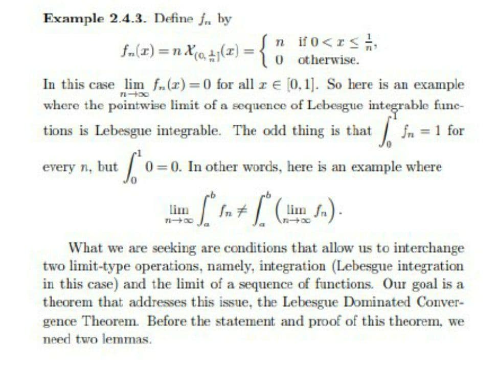 Example 2.4.3. Define f. by
n if 0<r<
fa(x) = n X(@2(x) = {
%3D
(0.
otherwise.
In this case lim fn(x) 0 for all r E (0,1]. So here is an example
where the pointwise limit of a sequence of Lebesgue integrable fune-
tions is Lebesgue integrable. The odd thing is that fn = 1 for
every n, but
0 = 0. In other words, here is an example where
lim
What we are seeking are conditions that allow us to interchange
two limit-type operations, namely, integration (Lebesgue integration
in this case) and the limit of a sequence of functions. Our goal is a
theorem that addresses this issue, the Lebesgue Dominated Conver-
gence Theorem. Before the statement and proof of this theorem, we
need two lemmas.
