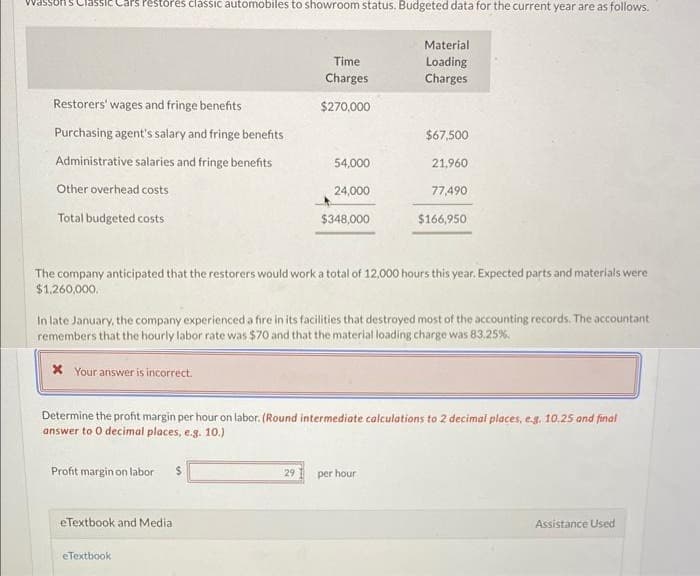 Wassons Classic Cars Pestores classic automobiles to showroom status. Budgeted data for the current year are as follows.
Restorers' wages and fringe benefits
Purchasing agent's salary and fringe benefits
Administrative salaries and fringe benefits
Other overhead costs
Total budgeted costs
Profit margin on labor $
Time
Charges
$270,000
eTextbook and Media
54,000
eTextbook
24,000
$348,000
29
Material
Loading
Charges
The company anticipated that the restorers would work a total of 12,000 hours this year. Expected parts and materials were
$1,260,000.
$67,500
In late January, the company experienced a fire in its facilities that destroyed most of the accounting records. The accountant
remembers that the hourly labor rate was $70 and that the material loading charge was 83.25%.
* Your answer is incorrect.
21,960
Determine the profit margin per hour on labor. (Round intermediate calculations to 2 decimal places, e.g. 10.25 and final
answer to 0 decimal places, e.g. 10.)
per hour
77,490
$166,950
Assistance Used