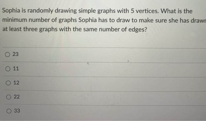 Sophia is randomly drawing simple graphs with 5 vertices. What is the
minimum number of graphs Sophia has to draw to make sure she has drawr
at least three graphs with the same number of edges?
O 23
О 11
О 12
22
33
