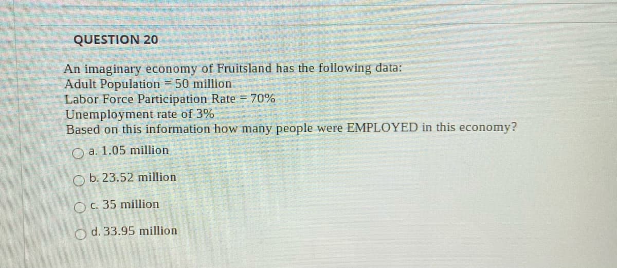 QUESTION 20
An imaginary economy of Fruitsland has the following data:
Adult Population = 50 million
Labor Force Participation Rate = 70%
Unemployment rate of 3%
Based on this information how many people were EMPLOYED in this economy?
O a. 1.05 million
O b. 23.52 million
OC. 35 million
O d. 33.95 million
