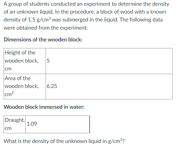 A group of students conducted an experiment to determine the density
of an unknown liquid. In the procedure, a block of wood with a known
density of 1.5 g/cm3 was submerged in the liquid. The following data
were obtained from the experiment:
Dimensions of the wooden block:
Height of the
wooden block,
cm
5
Area of the
wooden block,
cm2
6.25
Wooden block immersed in water:
Draught,
1.09
cm
What is the density of the unknown liquid in g/cm?
