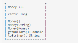 Money +++
cents: long
Money()
Money(string)
Money (Money)
getdollars (): double
tostring(): String
