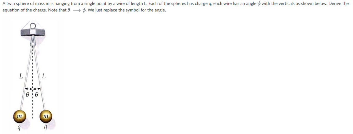 A twin sphere of mass m is hanging from a single point by a wire of length L. Each of the spheres has charge q, each wire has an angle ø with the verticals as shown below. Derive the
equation of the charge. Note that 0 + p. We just replace the symbol for the angle.
L
m
------ -
