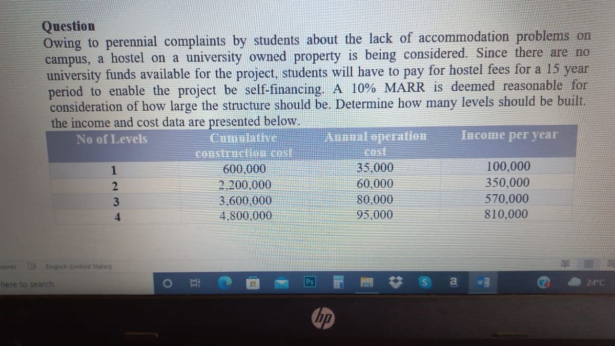 Question
Owing to perennial complaints by students about the lack of accommodation problems on
campus, a hostel on a university owned property is being considered. Since there are no
university funds available for the project, students will have to pay for hostel fees for a 15
period to enable the project be self-financing. A 10% MARR is deemed reasonable for
consideration of how large the structure should be. Determine how many levels should be built.
the income and cost data are presented below.
No of Levels
year
Iпсоне рег year
Aunualoperation
cost
Cumulativ
Construction cost
600,000
2.200,000
3,600,000
4,800,000
1
35,000
100,000
2
60,000
350,000
80,000
95,000
570,000
810,000
4.
words
LR English (united States)
here to search
Ps
a
24°C
hp
立
