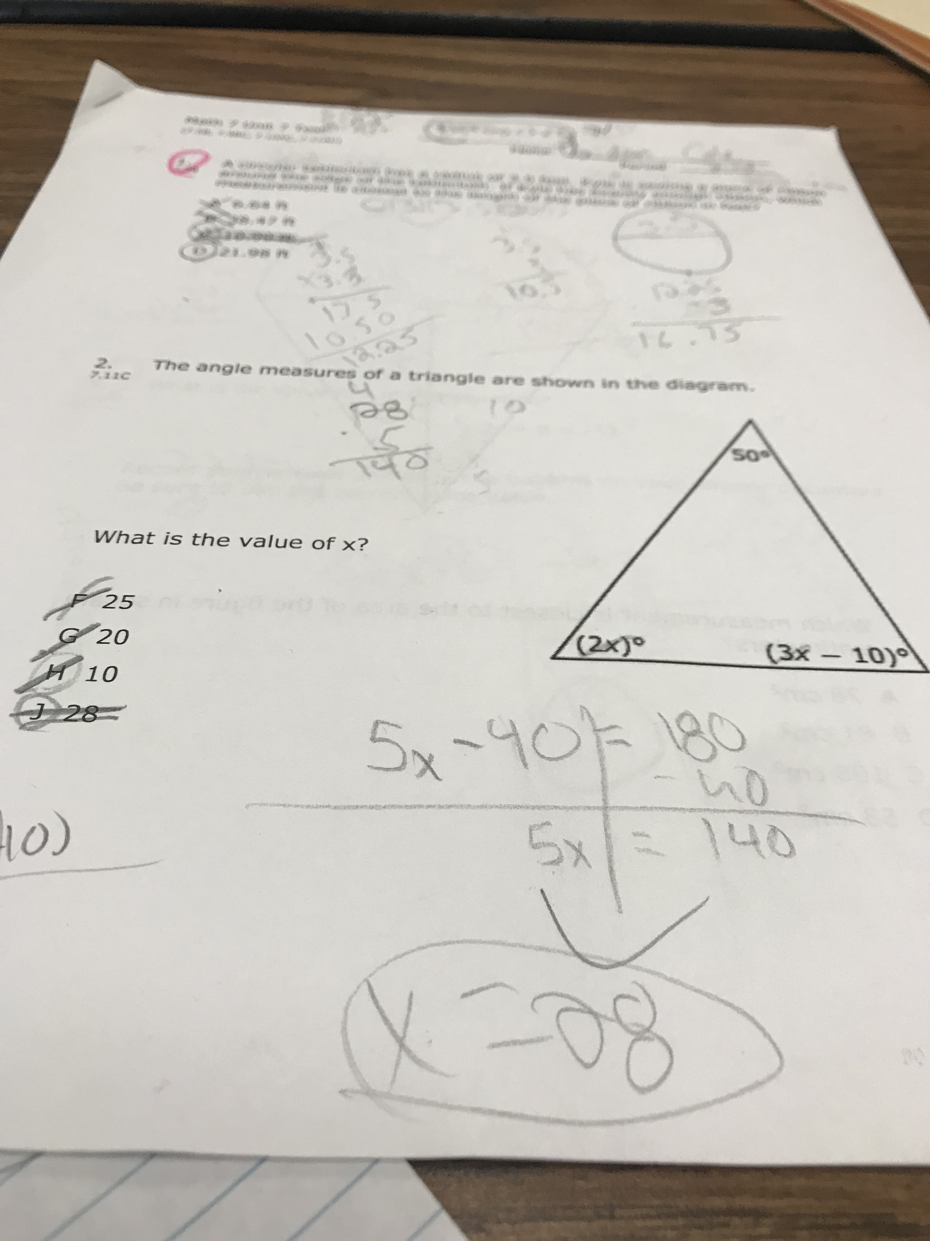 What is the value of x?
25
G 20
(2x)°
(3x
10)
-
10
1 28-
