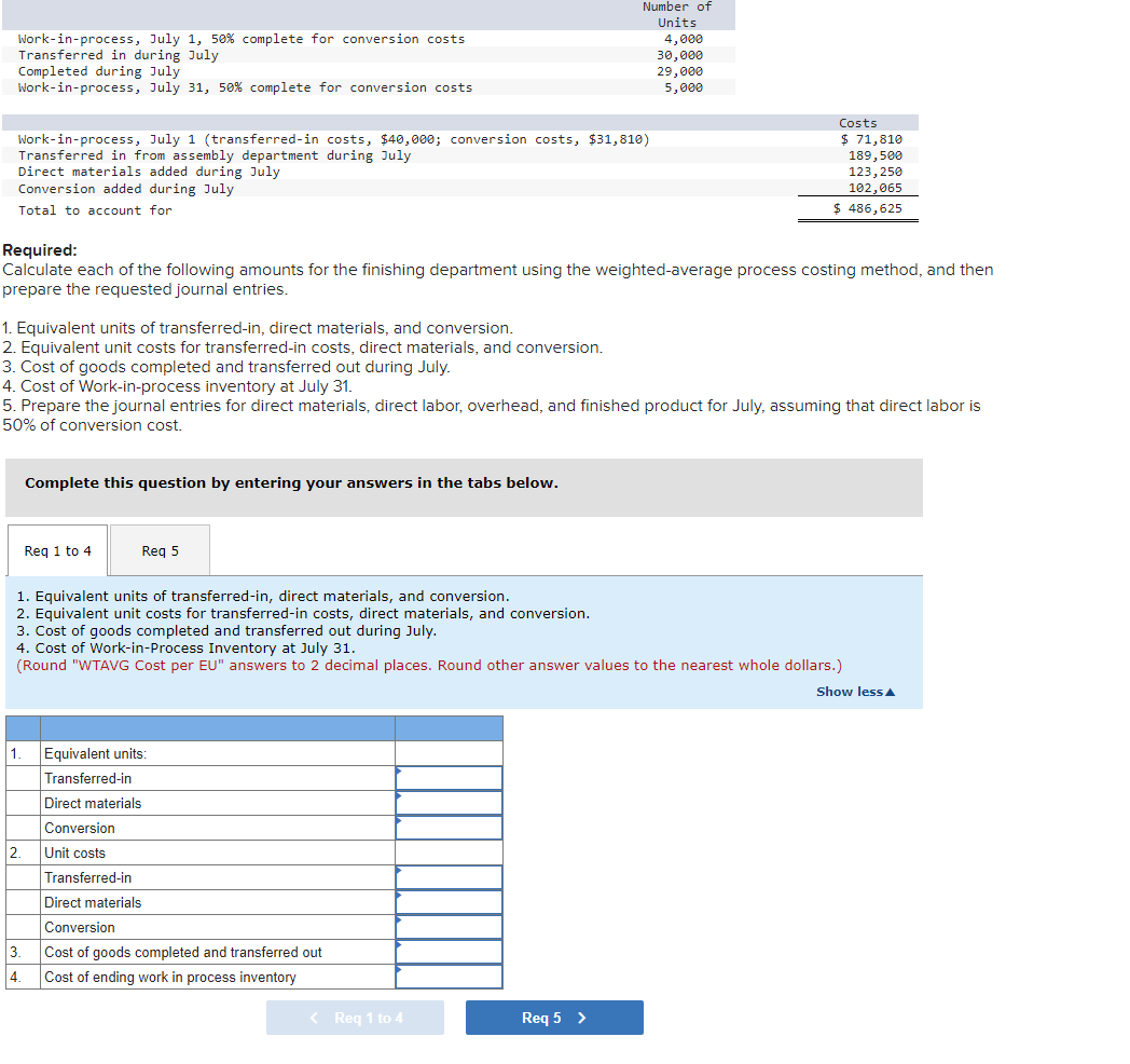 Work-in-process, July 1, 50% complete for conversion costs
Transferred in during July
Completed during July
Work-in-process, July 31, 50% complete for conversion costs
Work-in-process, July 1 (transferred-in costs, $40,000; conversion costs, $31,810)
Transferred in from assembly department during July
Direct materials added during July
Conversion added during July
Total to account for
1. Equivalent units of transferred-in, direct materials, and conversion.
2. Equivalent unit costs for transferred-in costs, direct materials, and conversion.
Required:
Calculate each of the following amounts for the finishing department using the weighted-average process costing method, and then
prepare the requested journal entries.
3. Cost of goods completed and transferred out during July.
4. Cost of Work-in-process inventory at July 31.
5. Prepare the journal entries for direct materials, direct labor, overhead, and finished product for July, assuming that direct labor is
50% of conversion cost.
1.
2.
Complete this question by entering your answers in the tabs below.
3.
4.
Req 1 to 4
Req 5
1. Equivalent units of transferred-in, direct materials, and conversion.
2. Equivalent unit costs for transferred-in costs, direct materials, and conversion.
3. Cost of goods completed and transferred out during July.
4. Cost of Work-in-Process Inventory at July 31.
(Round "WTAVG Cost per EU" answers to 2 decimal places. Round other answer values to the nearest whole dollars.)
Equivalent units:
Transferred-in
Number of
Units
4,000
30,000
29,000
5,000
Direct materials
Conversion
Unit costs
Transferred-in
Direct materials
Conversion
Cost of goods completed and transferred out
Cost of ending work in process inventory
Costs
$ 71,810
189,500
123,250
102,065
$ 486,625
< Req 1 to 4
Req 5 >
Show less