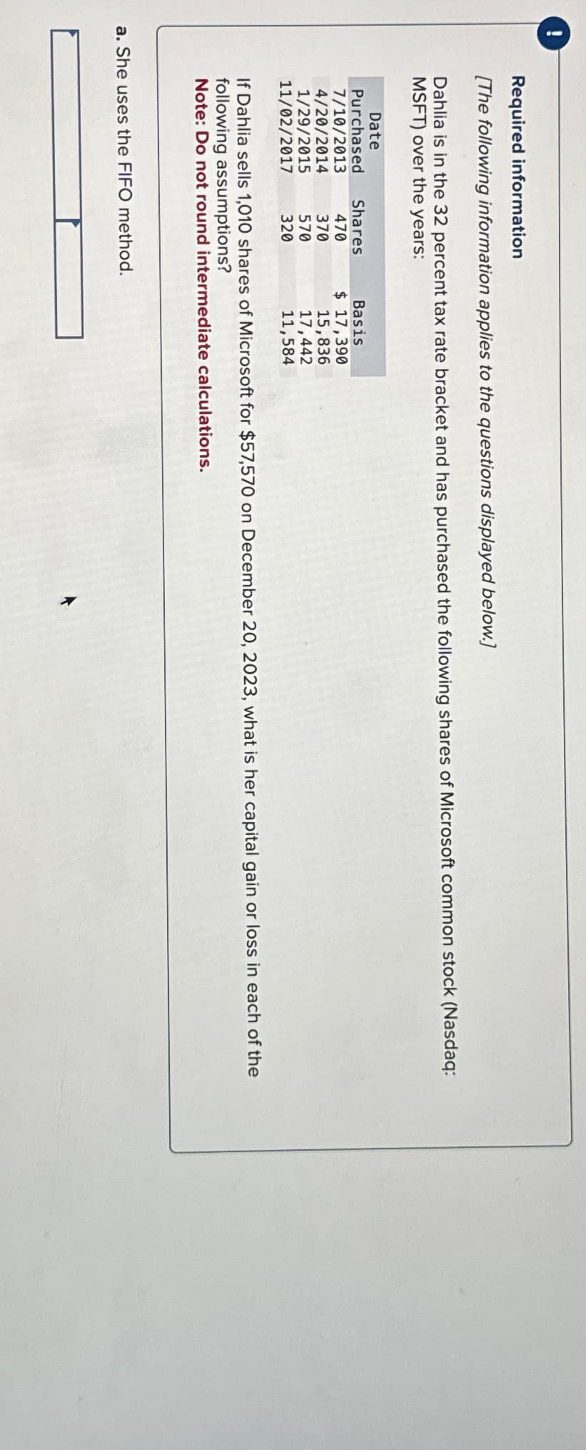 !
Required information
[The following information applies to the questions displayed below.]
Dahlia is in the 32 percent tax rate bracket and has purchased the following shares of Microsoft common stock (Nasdaq:
MSFT) over the years:
Date
Purchased Shares
470
370
570
320
7/10/2013
4/20/2014
1/29/2015
11/02/2017
Basis
$ 17,390
15,836
17,442
11,584
If Dahlia sells 1,010 shares of Microsoft for $57,570 on December 20, 2023, what is her capital gain or loss in each of the
following assumptions?
Note: Do not round intermediate calculations.
a. She uses the FIFO method.