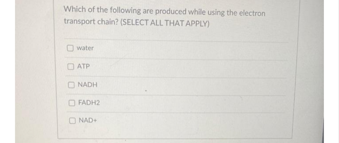 Which of the following are produced while using the electron
transport chain? (SELECT ALL THAT APPLY)
O water
O ATP
O NADH
FADH2
O NAD+
