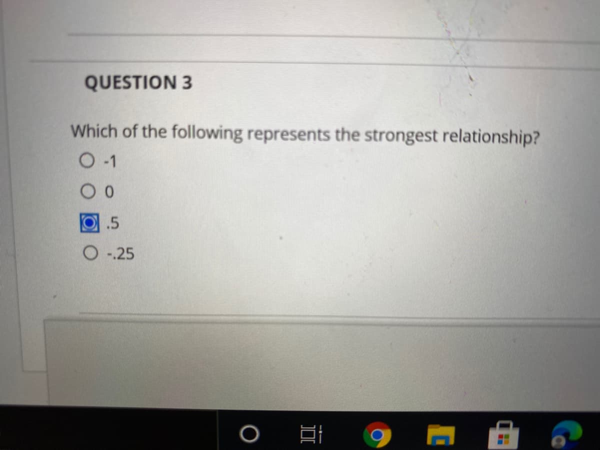 QUESTION 3
Which of the following represents the strongest relationship?
.5
O -25
DI
