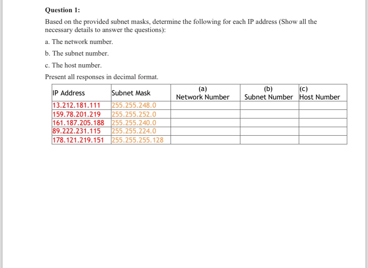 Question 1:
Based on the provided subnet masks, determine the following for each IP address (Show all the
necessary details to answer the questions):
a. The network number.
b. The subnet number.
c. The host number.
Present all responses in decimal format.
Host Number
(a)
(b)
(c)
IP Address
Subnet Mask
Network Number
Subnet Number
13.212.181.111
255.255.248.0
159.78.201.219
255.255.252.0
161.187.205.188 255.255.240.0
89.222.231.115
255.255.224.0
178.121.219.151
255.255.255.128