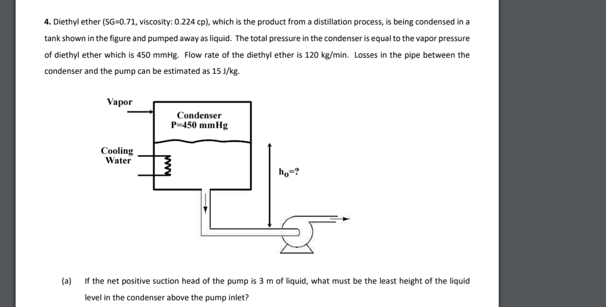 4. Diethyl ether (SG=0.71, viscosity: 0.224 cp), which is the product from a distillation process, is being condensed in a
tank shown in the figure and pumped away as liquid. The total pressure in the condenser is equal to the vapor pressure
of diethyl ether which is 450 mmHg. Flow rate of the diethyl ether is 120 kg/min. Losses in the pipe between the
condenser and the pump can be estimated as 15 J/kg.
Vapor
Condenser
P=450 mmHg
Cooling
Water
ho=?
(a)
If the net positive suction head of the pump is 3 m of liquid, what must be the least height of the liquid
level in the condenser above the pump inlet?
