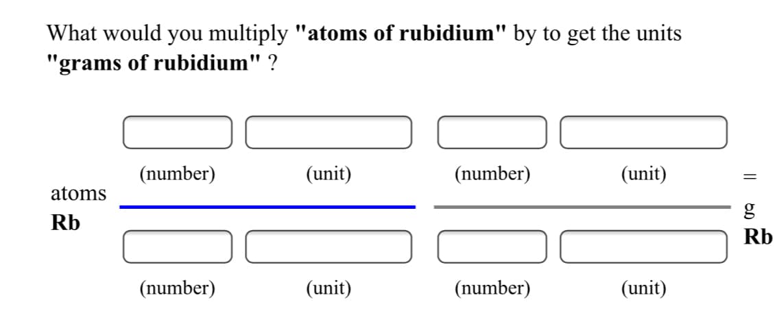 What would you multiply "atoms of rubidium" by to get the units
"grams of rubidium" ?
(number)
(unit)
(number)
(unit)
atoms
Rb
Rb
(number)
(unit)
(number)
(unit)
