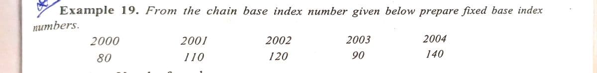 Example 19. From the chain base index number given below prepare fixed base index
питbers.
2000
2001
2002
2003
2004
80
110
120
90
140
