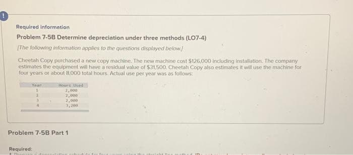 !
Required information
Problem 7-5B Determine depreciation under three methods (LO7-4)
[The following information applies to the questions displayed below.)
Cheetah Copy purchased a new copy machine. The new machine cost $126,000 including installation. The company
estimates the equipment will have a residual value of $31,500. Cheetah Copy also estimates it will use the machine for
four years or about 8,000 total hours. Actual use per year was as follows:
Year
1
3
Required:
Pront
Hours Used
2,000
2,000
2,000
3,200
Problem 7-58 Part 1