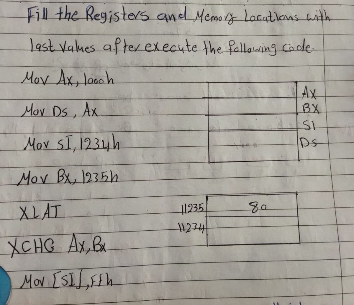 Fill the Registers and Memory Locations with
last Values after execute the following code.
Mov Ax, loooh
Ax
BX
Mov Ds, Ax
SL
Mov ST, 1234h
DS
Mov BX, 1235h
X LAT
11235
11234
XCHG Ax, Br
Mov [SI], FFh
80