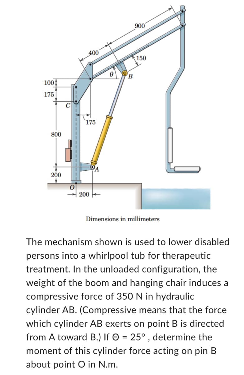 100
175
800
200
0
400
175
200
B
900
150
Dimensions in millimeters
The mechanism shown is used to lower disabled
persons into a whirlpool tub for therapeutic
treatment. In the unloaded configuration, the
weight of the boom and hanging chair induces a
compressive force of 350 N in hydraulic
cylinder AB. (Compressive means that the force
which cylinder AB exerts on point B is directed
from A toward B.) If © = 25°, determine the
moment of this cylinder force acting on pin B
about point O in N.m.