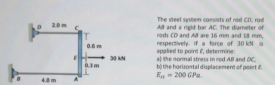 The steel system consists of rod CD, rod
AB and a rigid bar AC. The diameter of
rods CD and AB are 16 mm and 18 mm,
2.0 m
T
respectively. If a force of 30 kN is
applied to point E, determine:
a) the normal stress in rod AB and DC,
b) the horizontal displacement of point E.
Est = 200 GPa.
0.6 m
E
0.3 m
30 kN
B
4.0 m
A
