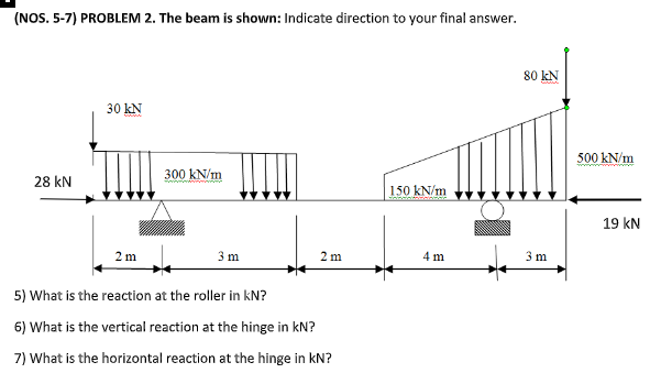 (NOS. 5-7) PROBLEM 2. The beam is shown: Indicate direction to your final answer.
80 kN
30 kN
500 kN/m
300 kN/m
28 kN
150 kN/m
19 kN
2 m
3 m
2 m
4 m
3 m
5) What is the reaction at the roller in kN?
6) What is the vertical reaction at the hinge in kN?
7) What is the horizontal reaction at the hinge in kN?
