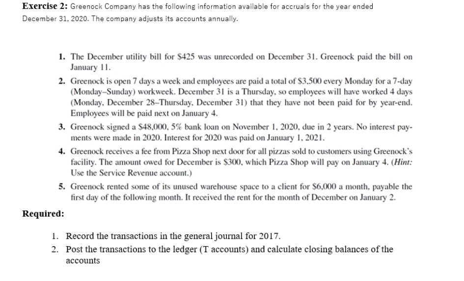 Exercise 2: Greenock Company has the following information available for accruals for the year ended
December 31, 2020. The company adjusts its accounts annually.
1. The December utility bill for $425 was unrecorded on December 31. Greenock paid the bill on
January 11.
2. Greenock is open 7 days a week and employees are paid a total of $3,500 every Monday for a 7-day
(Monday-Sunday) workweek. December 31 is a Thursday, so employees will have worked 4 days
(Monday, December 28-Thursday, December 31) that they have not been paid for by year-end.
Employees will be paid next on January 4.
3. Greenock signed a $48,000, 5% bank loan on November 1, 2020, due in 2 years. No interest pay-
ments were made in 2020. Interest for 2020 was paid on January 1, 2021.
4. Greenock receives a fee from Pizza Shop next door for all pizzas sold to customers using Greenock's
facility. The amount owed for December is $300, which Pizza Shop will pay on January 4. (Hint:
Use the Service Revenue account.)
5. Greenock rented some of its unused warehouse space to a client for $6,000 a month, payable the
first day of the following month. It received the rent for the month of December on January 2.
Required:
1. Record the transactions in the general journal for 2017.
2. Post the transactions to the ledger (T accounts) and calculate closing balances of the
accounts