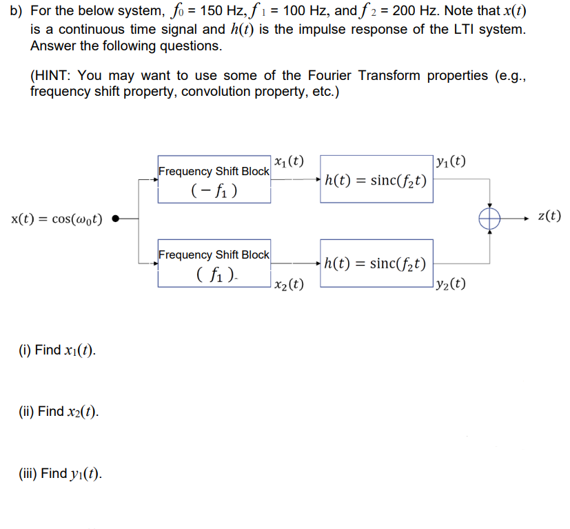 b) For the below system, fo = 150 Hz, f₁ = 100 Hz, and f2 = 200 Hz. Note that x(t)
is a continuous time signal and h(t) is the impulse response of the LTI system.
Answer the following questions.
(HINT: You may want to use some of the Fourier Transform properties (e.g.,
frequency shift property, convolution property, etc.)
x(t) = cos(wot)
(i) Find x₁(1).
(ii) Find x₂(t).
(iii) Find yı(t).
Frequency Shift Block
(-f₁)
Frequency Shift Block
(f₁).
x₁ (t)
x₂ (t)
h(t) = sinc(f₂t)
h(t) = sinc(f₂t)
|y₁ (t)
y₂ (t)
z(t)