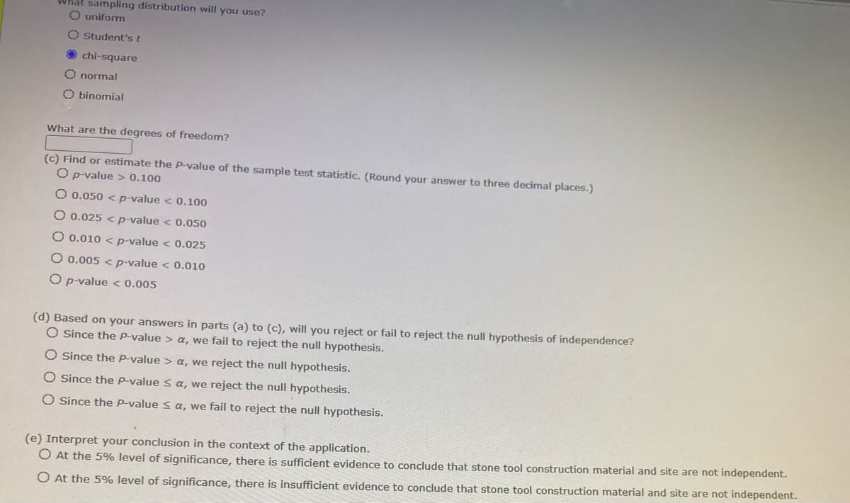 What sampling distribution will you use?
O uniform
O Student's t
●chi-square
O normal
O binomial
What are the degrees of freedom?
(c) Find or estimate the P-value of the sample test statistic. (Round your answer to three decimal places.)
O p-value > 0.100
O 0.050 < p-value < 0.100
O 0.025 < p-value < 0.050
O 0.010 < p-value < 0.025
O 0.005 < p-value < 0.010
O p-value < 0.005
(d) Based on your answers in parts (a) to (c), will you reject or fail to reject the null hypothesis of independence?
O Since the P-value > a, we fail to reject the null hypothesis.
O Since the P-value > a, we reject the null hypothesis.
O Since the P-value ≤ a, we reject the null hypothesis.
O Since the P-value ≤ a, we fail to reject the null hypothesis.
(e) Interpret your conclusion in the context of the application.
O At the 5% level of significance, there is sufficient evidence to conclude that stone tool construction material and site are not independent.
O At the 5% level of significance, there is insufficient evidence to conclude that stone tool construction material and site are not independent.