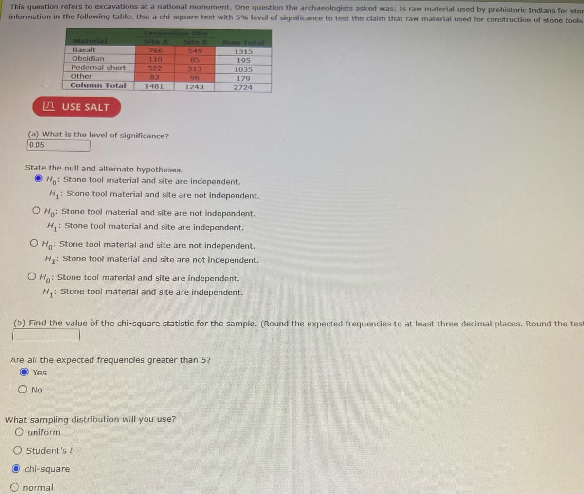 This question refers to excavations at a national monument. One question the archaeologists asked was: Is raw material used by prehistoric Indians for stor
information in the following table. Use a chi-square test with 5% level of significance to test the claim that raw material used for construction of stone tools
Material
Basalt
Obsidian
Pedernal chert
Other
Column Total
USE SALT
(a) What is the level of significance?
0.05
Site A
766
110
522
83
1481
State the null and alternate hypotheses.
Ho: Stone tool material and site are independent.
H₁: Stone tool material and site are not independent.
No
O Ho: Stone tool material and site are not independent.
H₁: Stone tool material and site are independent.
O Ho: Stone tool material and site are not independent.
H₁: Stone tool material and site are not independent.
Site I
549
85
513
96
1243
O Ho: Stone tool material and site are independent.
H₁: Stone tool material and site are independent.
(b) Find the value of the chi-square statistic for the sample. (Round the expected frequencies to at least three decimal places. Round the test
Are all the expected frequencies greater than 5?
Yes
normal
Row Total
1315
195
1035
179
2724
What sampling distribution will you use?
O uniform
Student's t
chi-square