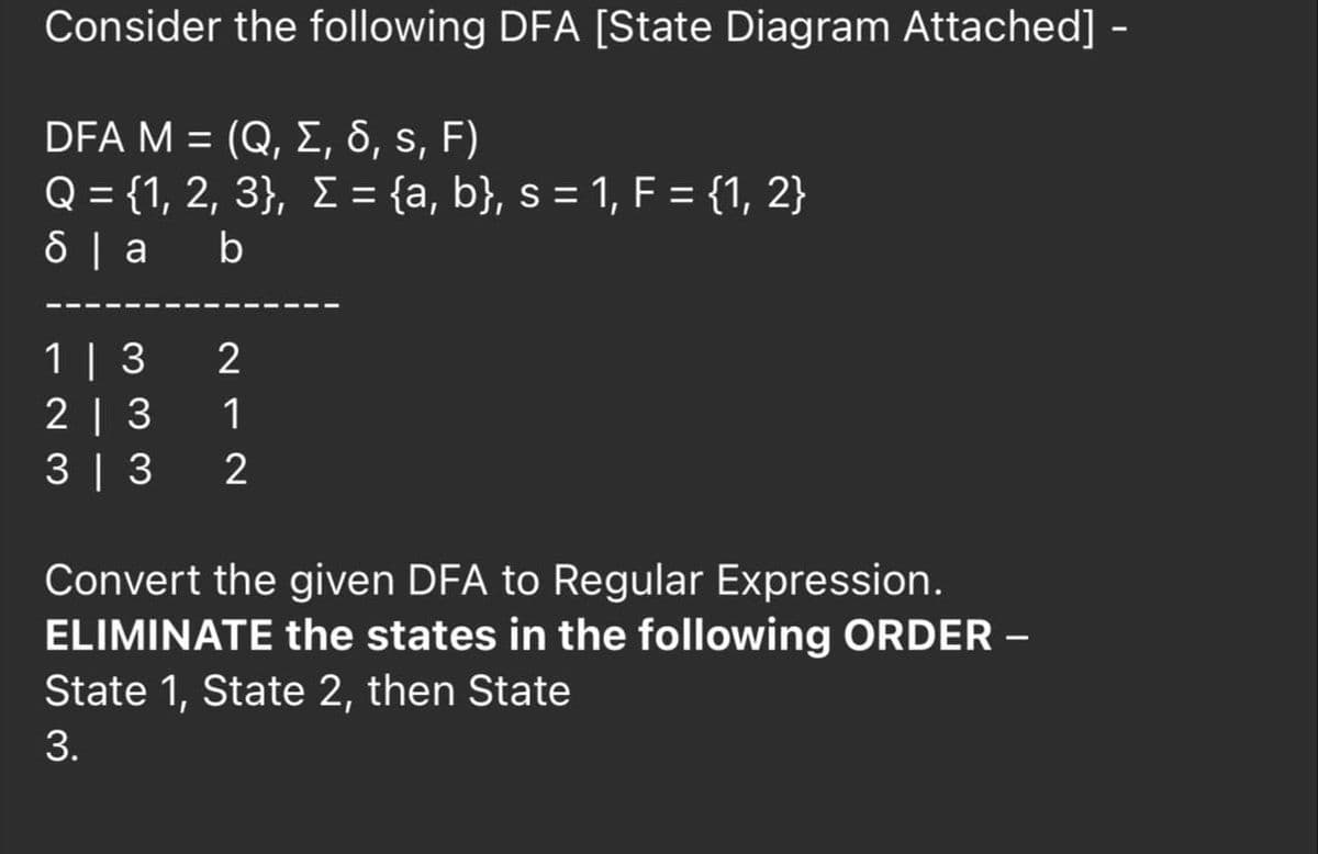 Consider the following DFA [State Diagram Attached] -
DFA M = (Q, I, 6, s, F)
Q = {1, 2, 3}, I = {a, b}, s = 1, F = {1, 2}
8 | a
%3D
b
1 | 3
2 | 3
3 | 3
2
1
Convert the given DFA to Regular Expression.
ELIMINATE the states in the following ORDER –
State 1, State 2, then State
3.
