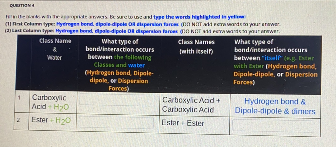 QUESTION 4
Fill in the blanks with the appropriate answers. Be sure to use and type the words highllghted in yellow:
(1) First Column type: Hydrogen bond, dipole-dipole OR dispersion forces (DO NOT add extra words to your answer.
(2) Last Column type: Hydrogen bond, dipole-dipole OR dispersion forces (DO NOT add extra words to your answer.
What type of
bond/interaction occurs
Class Name
What type of
bond/interaction occurs
Class Names
&
(with itself)
between the following
Classes and water
between "itself" (e.g. Ester
with Ester (Hydrogen bond,
Dipole-dipole, or Dispersion
Forces)
Water
(Hydrogen bond, Dipole-
dipole, or Dispersion
Forces)
Carboxylic
Acid + H20
Carboxylic Acid +
Carboxylic Acid
Hydrogen bond &
Dipole-dipole & dimers
Ester + H20
Ester + Ester
