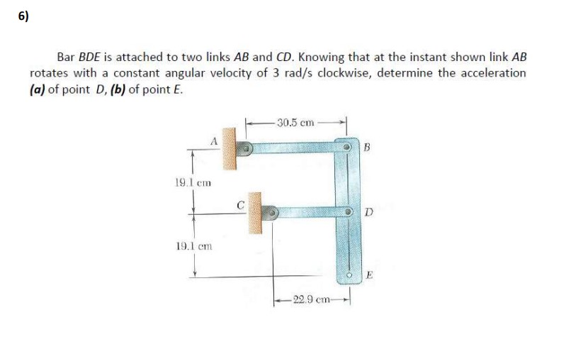 ### Problem Statement:

**6)**

Bar **BDE** is attached to two links **AB** and **CD**. Knowing that at the instant shown, link **AB** rotates with a constant angular velocity of 3 rad/s clockwise, determine the acceleration:

(a) of point **D**, 
(b) of point **E**.

#### Detailed Diagram Description:

The diagram provided is a mechanical link system consisting of three points (A, B, and D) and two links (AB and CD). Here are the key measurements and components:

- **Link AB**: 
  - Length: 30.5 cm
  - Positioned horizontally with point **A** fixed and point **B** rotating.

- **Link CD**:
  - Two segments, both vertical:
    - The first segment is 19.1 cm in length from point **C** to point **D**.
    - The second segment is 19.1 cm from point **D** to point **E**.
  - Fixed at points **C** and **E**.

- **Bar BDE**:
  - Extends horizontally from point **B** (joint with link **AB**) to point **E** (at the end of link **CD**).

- The bottom horizontal distance from point **C** to **E** is 22.9 cm.

### Analytical Explanation:

#### Given:
- Angular velocity of link **AB** (ω): 3 rad/s (clockwise).

### Objective:
Calculate the acceleration of points **D** and **E**.

### Solution Approach:

1. **Angular Velocity and Acceleration Analysis**:
   - Compute linear velocities and accelerations of points based on given angular velocity.
   - Angular components contribution to accelerations.

2. **Point D and Point E Calculations**:
   - Use appropriate kinematic relationships for rotational motion to determine the absolute acceleration of both points taking into account the constraints provided by the bar and link system.

### Conclusion:

#### Understanding the Kinematics:
For each point:
- The acceleration of point **D** located midway on bar **BDE**.
- The acceleration of point **E** considering the entire motion constraints imposed by links **AB** and **CD**.

The precise computational steps involve physics principles such as angular velocity (ω), tangential acceleration, and rotational formulas.

**End of the Exercise Explanation**