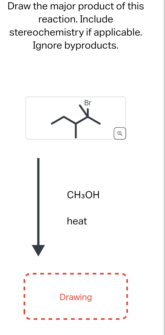 Draw the major product of this
reaction. Include
stereochemistry if applicable.
Ignore byproducts.
Br
CH3OH
heat
Drawing
Q