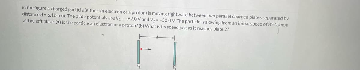 In the figure a charged particle (either an electron or a proton) is moving rightward between two parallel charged plates separated by
distance d = 6.10 mm. The plate potentials are V₁ = -67.0 V and V₂ = -50.0 V. The particle is slowing from an initial speed of 85.0 km/s
at the left plate. (a) Is the particle an electron or a proton? (b) What is its speed just as it reaches plate 2?