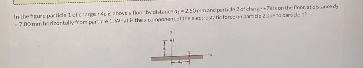 In the figure particle 1 of charge +4e is above a floor by distance d₁ = 2.50 mm and particle 2 of charge +7e is on the floor, at distance d₂
= 7.80 mm horizontally from particle 1. What is the x component of the electrostatic force on particle 2 due to particle 1?