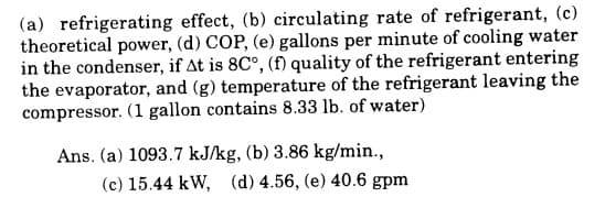 (a) refrigerating effect, (b) circulating rate of refrigerant, (c)
theoretical power, (d) COP, (e) gallons per minute of cooling water
in the condenser, if At is 8C°, (f) quality of the refrigerant entering
the evaporator, and (g) temperature of the refrigerant leaving the
compressor. (1 gallon contains 8.33 lb. of water)
Ans. (a) 1093.7 kJ/kg, (b) 3.86 kg/min.,
(c) 15.44 kW, (d) 4.56, (e) 40.6 gpm