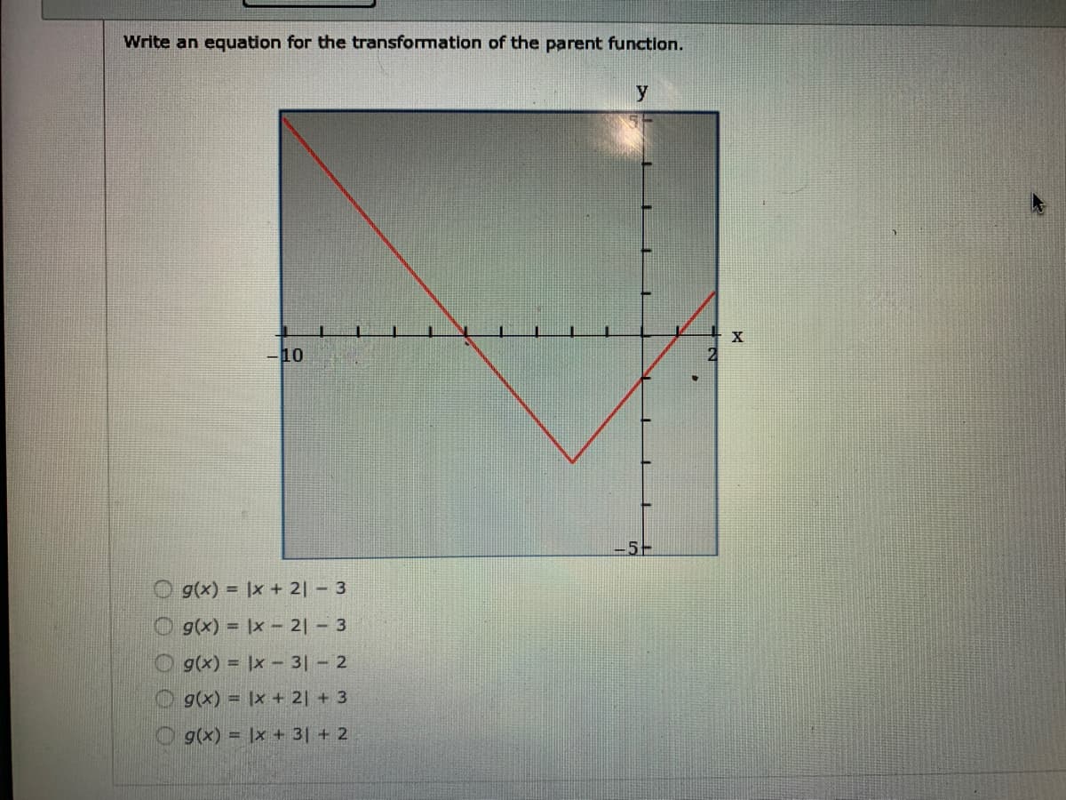 Write an equation for the transformation of the parent function.
y
-10
5-
g(x) = |x + 2| 3
O g(x) = |x - 2| 3
g(x) = |x 3|- 2
O g(x) = |x + 2| + 3
g(x) = |x + 31 + 2
