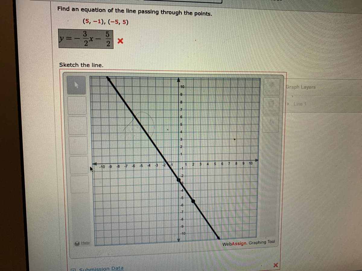 Find an equation of the line passing through the points.
(5, -1), (-5, 5)
Sketch the line.
40
Graph Layers
Line 1
-7
4.
-10 9
-8
-7
-6
-5
-4
-3
-21
2.
3.
4.
10
-1
-2
-4
-5
-6
-7
-9.
-10
O Help
WebAssign. Graphing Tool
O Submission Data
