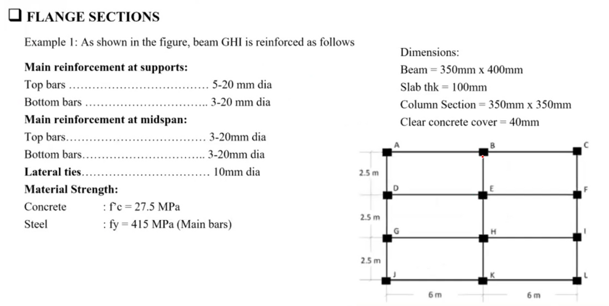 O FLANGE SECTIONS
Example 1: As shown in the figure, beam GHI is reinforced as follows
Dimensions:
Main reinforcement at supports:
Beam = 350mm x 400mm
Top bars
5-20 mm dia
Slab thk = 100mm
Bottom bars
3-20 mm dia
Column Section = 350mm x 350mm
Main reinforcement at midspan:
Clear concrete cover = 40mm
Top bars.
3-20mm dia
Bottom bars..
3-20mm dia
Lateral ties.
10mm dia
2.5 m
Material Strength:
Concrete
:fc= 27.5 MPa
2.5 m
Steel
: fy = 415 MPa (Main bars)
2.5 m
6 m
6 m
