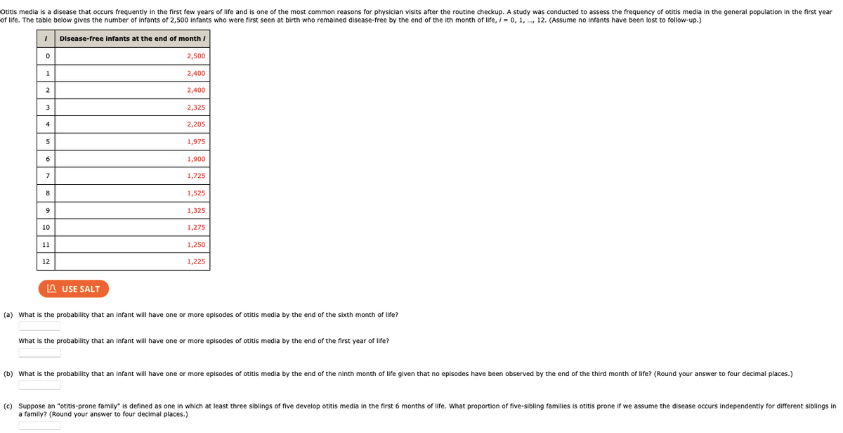 Otitis media is a disease that occurs frequently in the first few years of life and is one of the most common reasons for physician visits after the routine checkup. A study was conducted to assess the frequency of otitis media in the general population in the first year
of life. The table below gives the number of infants of 2,500 infants who were first seen at birth who remained disease-free by the end of the ith month of life, / = 0, 1, ..., 12. (Assume no infants have been lost to follow-up.)
1
0
1
2
3
4
5
6
7
8
9
10
11
12
Disease-free infants at the end of month /
USE SALT
2,500
2,400
2,400
2,325
2,205
1,975
1,900
1,725
1,525
1,325
1,275
1,250
1,225
(a) What is the probability that an infant will have one or more episodes of otitis media by the end of the sixth month of life?
What is the probability that an infant will have one or more episodes of otitis media by the end of the first year of life?
(b) What is the probability that an infant will have one or more episodes of otitis media by the end of the ninth month of life given that no episodes have been observed by the end of the third month of life? (Round your answer to four decimal places.)
(c) Suppose an "otitis-prone family" is defined as one in which at least three siblings of five develop otitis media in the first 6 months of life. What proportion of five-sibling families is otitis prone if we assume the disease occurs independently for different siblings in
a family? (Round your answer to four decimal places.)