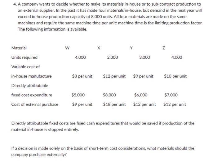 4. A company wants to decide whether to make its materials in-house or to sub-contract production to
an external supplier. In the past it has made four materials in-house, but demand in the next year will
exceed in-house production capacity of 8,000 units. All four materials are made on the same
machines and require the same machine time per unit: machine time is the limiting production factor.
The following information is available.
Material
Units required
Variable cost of
in-house manufacture
Directly attributable
fixed cost expenditure
Cost of external purchase
W
4,000
$8 per unit
$5,000
$9 per unit
X
2,000
$12 per unit
Y
3,000
$9 per unit
Z
4,000
$10 per unit
$8,000
$6,000
$7,000
$18 per unit $12 per unit $12 per unit
Directly attributable fixed costs are fixed cash expenditures that would be saved if production of the
material in-house is stopped entirely.
If a decision is made solely on the basis of short-term cost considerations, what materials should the
company purchase externally?