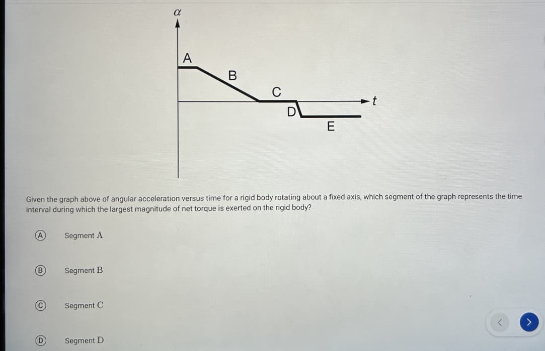 A
(B)
C
Segment A
Given the graph above of angular acceleration versus time for a rigid body rotating about a fixed axis, which segment of the graph represents the time
interval during which the largest magnitude of net torque is exerted on the rigid body?
Segment B
Segment C
α
Segment D
A
B
E
t