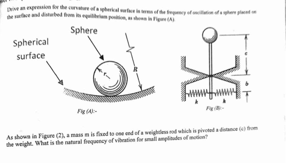 Drive an expression for the curvature of a spherical surface in terms of the frequency of oscillation of a sphere placed on
aurace and disturbed from its equilibrium position, as shown in Figure (A).
Sphere
Spherical
surface
R
Fig (A):-
Fig (B):-
As shown in Figure (2), a mass m is fixed to one end of a weightless rod which is pivoted a distance (c) from
the weight. What is the natural frequency of vibration for small amplitudes of motion?
