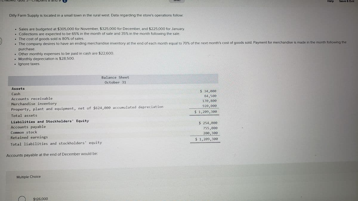 Dilly Farm Supply is located in a small town in the rural west. Data regarding the store's operations follow:
• Sales are budgeted at $305,000 for November, $325,000 for December, and $225,000 for January.
Collections are expected to be 65% in the month of sale and 35% in the month following the sale.
• The cost of goods sold is 80% of sales.
The company desires to have an ending merchandise inventory at the end of each month equal to 70% of the next month's cost of goods sold. Payment for merchandise is made in the month following the
purchase.
Other monthly expenses to be paid in cash are $22,600.
Monthly depreciation is $28,500.
Ignore taxes.
.
T
Assets
Cash
Accounts receivable
Merchandise inventory
Property, plant and equipment, net of $624,000 accumulated depreciation
Total assets
Liabilities and Stockholders' Equity
Accounts payable
Common stock
Retained earnings
Total liabilities and stockholders' equity
Accounts payable at the end of December would be:
Multiple Choice
Balance Sheet
October 31
$126,000
$ 34,000
84,500
170,800
920,000
$ 1,209,300
Help Save & Exit
$ 254,000
755,000
200, 300
$ 1,209,300