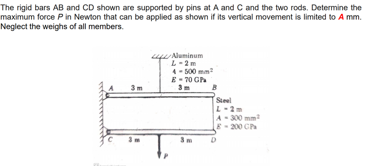 The rigid bars AB and CD shown are supported by pins at A and C and the two rods. Determine the
maximum force P in Newton that can be applied as shown if its vertical movement is limited to A mm.
Neglect the weighs of all members.
4U Aluminum
L = 2 m
4 = 500 mm2
E = 70 GPa
3 m
%3D
%3D
3 m
B
Steel
L = 2 m
A = 300 mm2
E = 200 GPa
%3D
%3D
3 m
3 m
