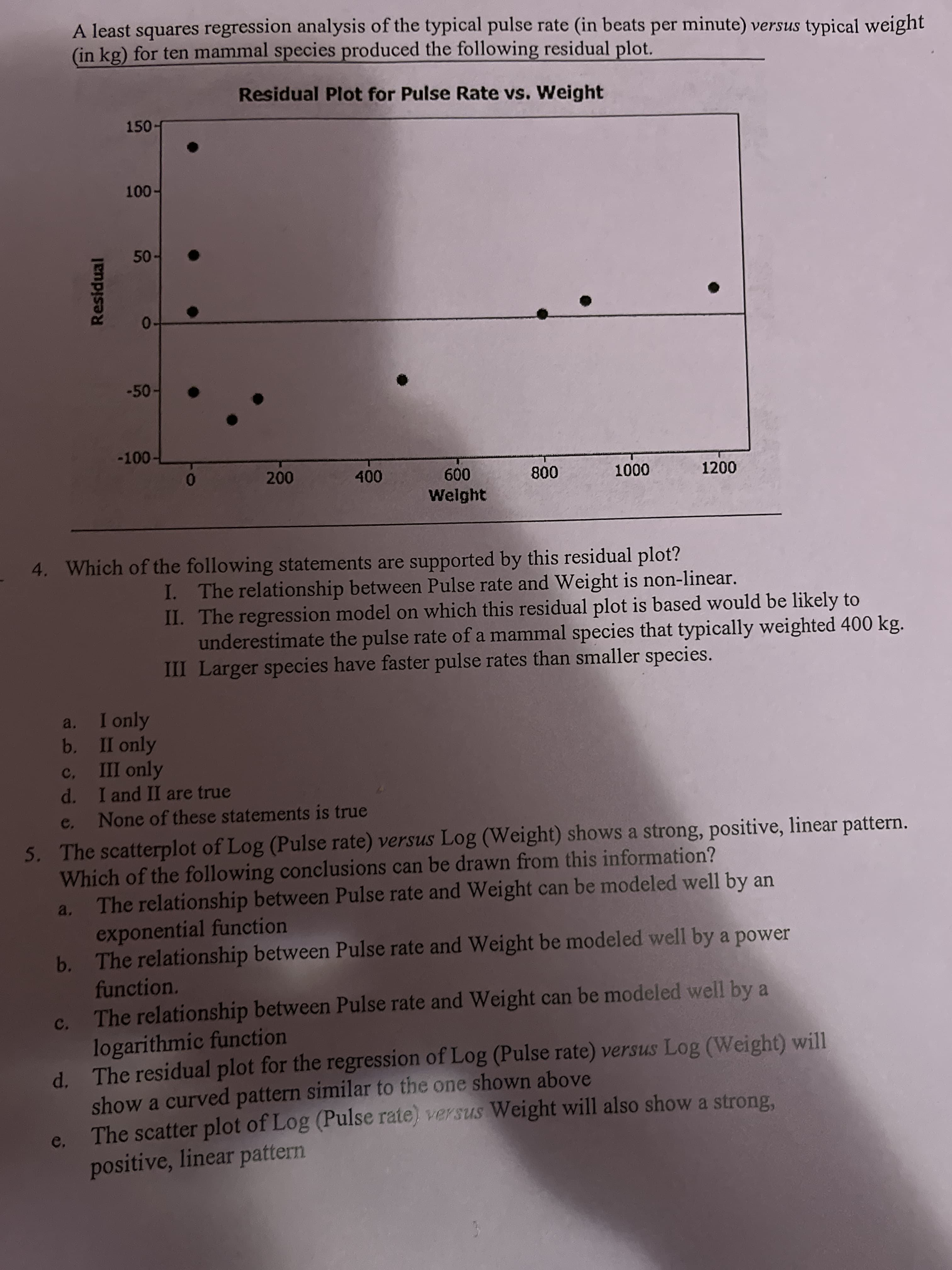 50
Residual
A least squares regression analysis of the typical pulse rate (in beats per minute) versus typical weight
(in kg) for ten mammal species produced the following residual plot.
Residual Plot for Pulse Rate vs. Weight
150
00T
50-
-50-
009
Welght
0.
1200
to 00
4. Which of the following statements are supported by this residual plot?
I. The relationship between Pulse rate and Weight is non-linear.
II. The regression model on which this residual plot is based would be likely to
underestimate the pulse rate of a mammal species that typically weighted 400 kg.
III Larger species have faster pulse rates than smaller species.
I only
a.
b. II only
III only
c.
d. I and II are true
c.
None of these statements is true
5. The scatterplot of Log (Pulse rate) versus Log (Weight) shows a strong, positive, linear pattern.
Which of the following conclusions can be drawn from this information?
The relationship between Pulse rate and Weight can be modeled well by an
a.
exponential function
b. The relationship between Pulse rate and Weight be modeled well by a power
function.
The relationship between Pulse rate and Weight can be modeled well by a
logarithmic function
c.
d. The residual plot for the regression of Log (Pulse rate) versus Log (Weight) will
show a curved pattern similar to the one shown above
e,
The scatter plot of Log (Pulse rate) versus Weight will also show a strong,
positive, linear pattern
