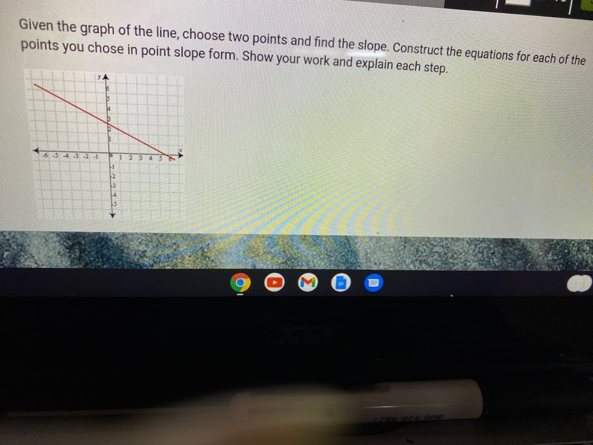 Given the graph of the line, choose two points and find the slope. Construct the equations for each of the
points you chose in point slope form. Show your work and explain each step.
yA
14
6 34 3 -2
2 3
of
-2
-3
OOR
