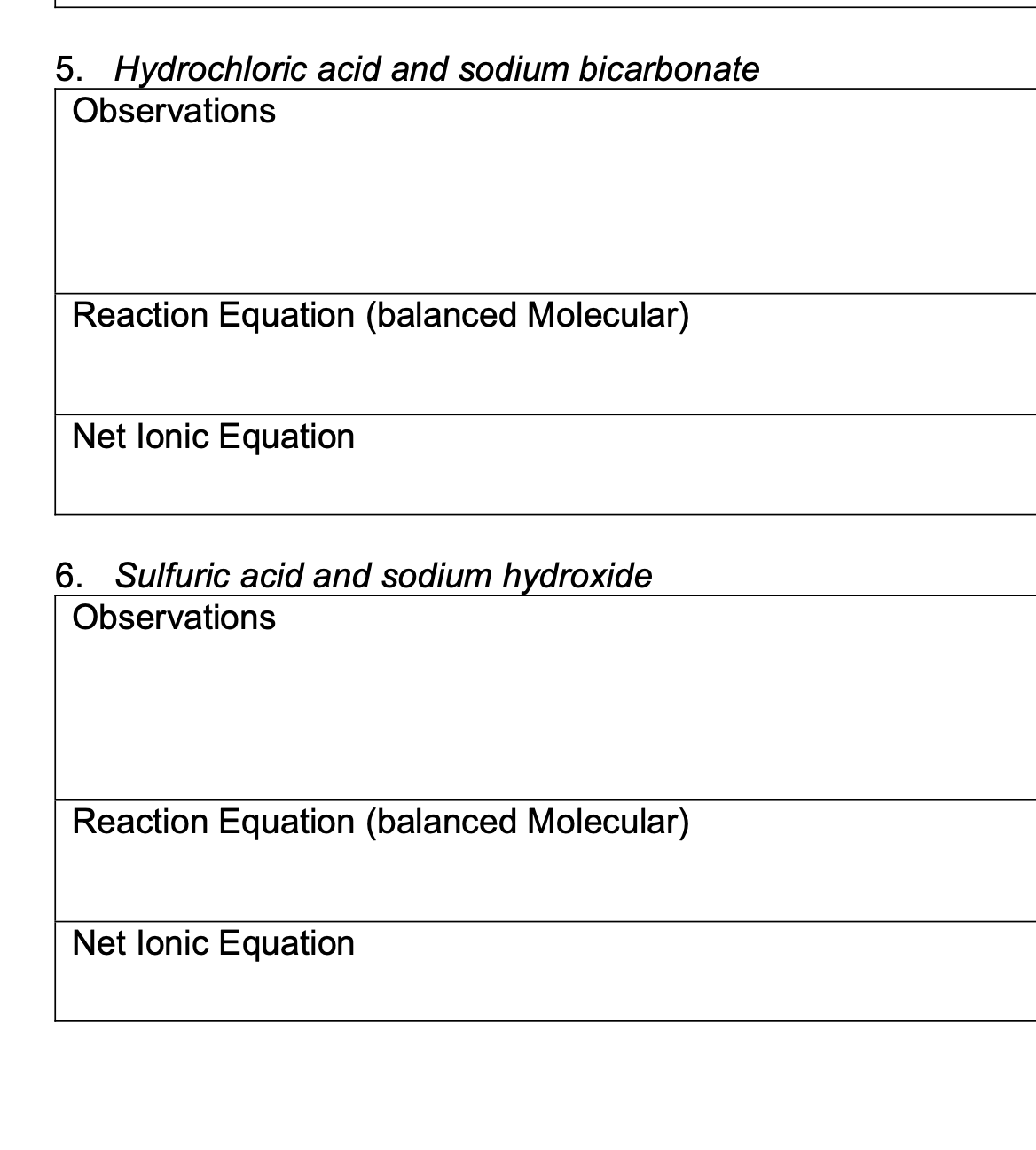 5. Hydrochloric acid and sodium bicarbonate
Observations
Reaction Equation (balanced Molecular)
Net lonic Equation
6. Sulfuric acid and sodium hydroxide
Observations
Reaction Equation (balanced Molecular)
Net lonic Equation
