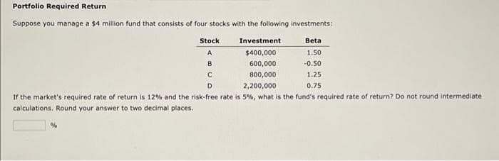 Portfolio Required Return
Suppose you manage a $4 million fund that consists of four stocks with the following investments:
Beta
1.50
-0.50
Stock
A
B
%
Investment
$400,000
600,000
C
800,000
D
2,200,000
If the market's required rate of return is 12% and the risk-free rate is 5%, what is the fund's required rate of return? Do not round intermediate
calculations. Round your answer to two decimal places.
1.25
0.75