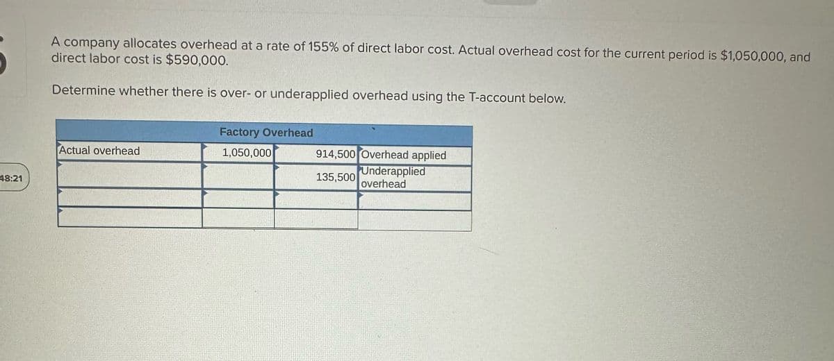 48:21
A company allocates overhead at a rate of 155% of direct labor cost. Actual overhead cost for the current period is $1,050,000, and
direct labor cost is $590,000.
Determine whether there is over- or underapplied overhead using the T-account below.
Actual overhead
Factory Overhead
1,050,000
914,500 Overhead applied
135,500
Underapplied
overhead